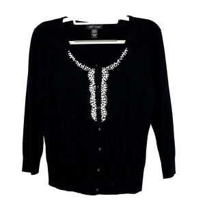 Cable & Gauge Cardigan Women Large Black Sweater Pearl Bling Holiday Party Class